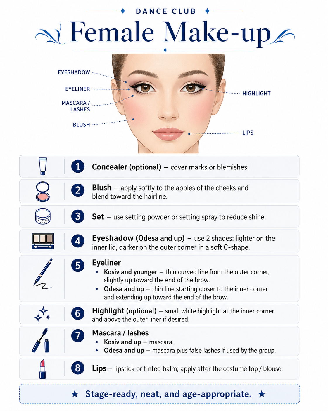 Female stage makeup guide