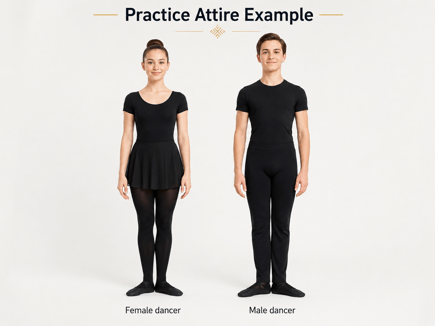 Practice attire example (female and male dancers)
